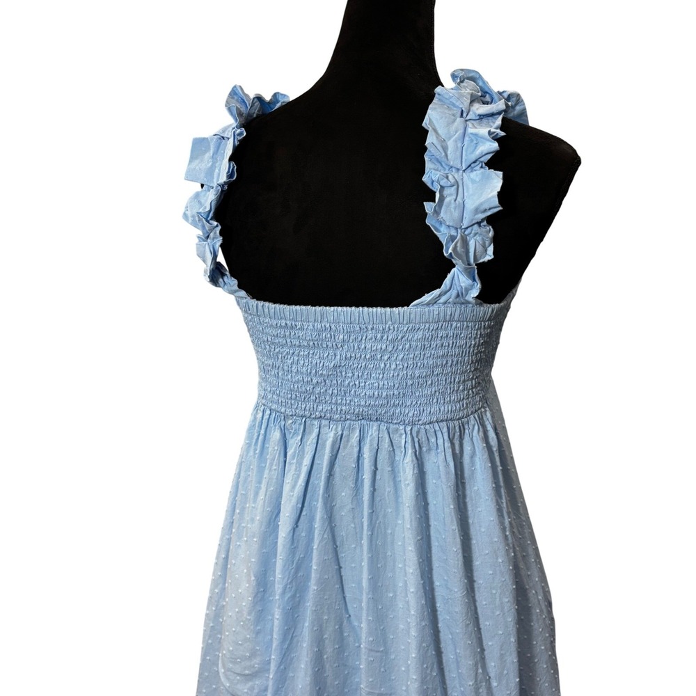 LAKE  Light Blue Swiss Dot Smocked Midi Dress Ruffle Strap‎ Square Neck - Picture 6 of 16